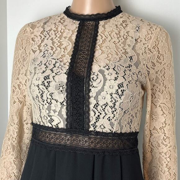 Little Mistress All Over Lace Top Long Sleeve Chiffon Semi Sheer Dress - Picture 6 of 12
